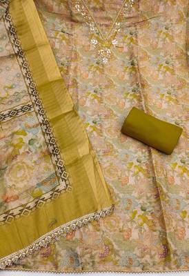 multi unstitched digital print handwork with printed dupatta linen dress material 2