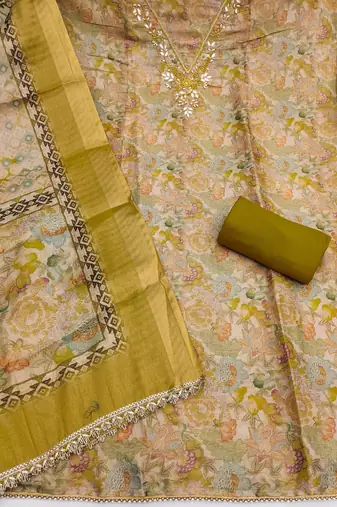multi unstitched digital print handwork with printed dupatta linen dress material