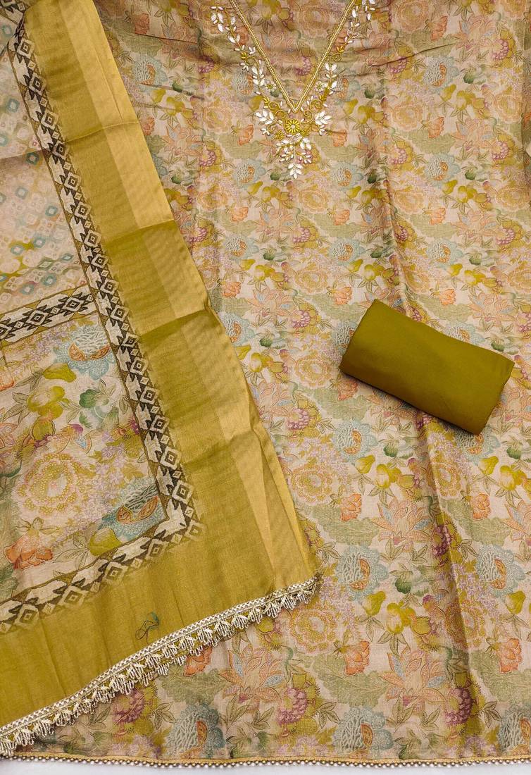 multi unstitched digital print handwork with printed dupatta linen dress material