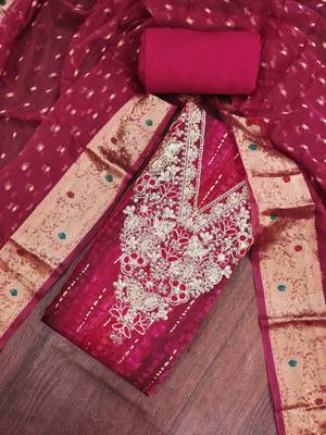 multi unstitched print handwork with woven embellished dupatta modal dress material 4