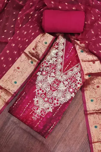 multi unstitched print handwork with woven embellished dupatta modal dress material