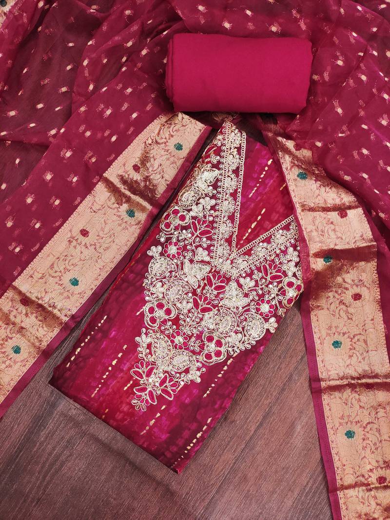 multi unstitched print handwork with woven embellished dupatta modal dress material