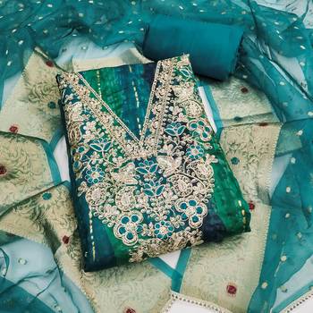 multi unstitched print handwork with woven embellished dupatta modal dress material 1
