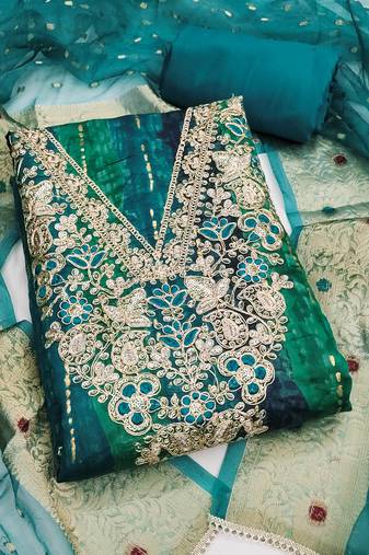 multi unstitched print handwork with woven embellished dupatta modal dress material