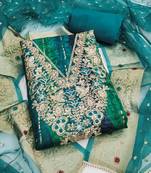 multi unstitched print handwork with woven embellished dupatta modal dress material