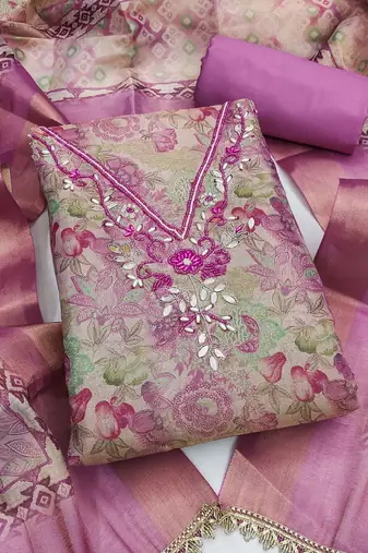 multi unstitched digital print handwork with printed dupatta linen dress material