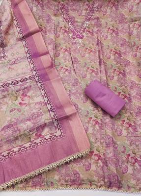 multi unstitched digital print handwork with printed dupatta linen dress material 2