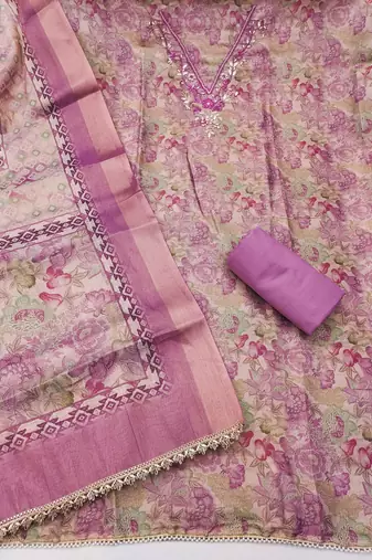 multi unstitched digital print handwork with printed dupatta linen dress material