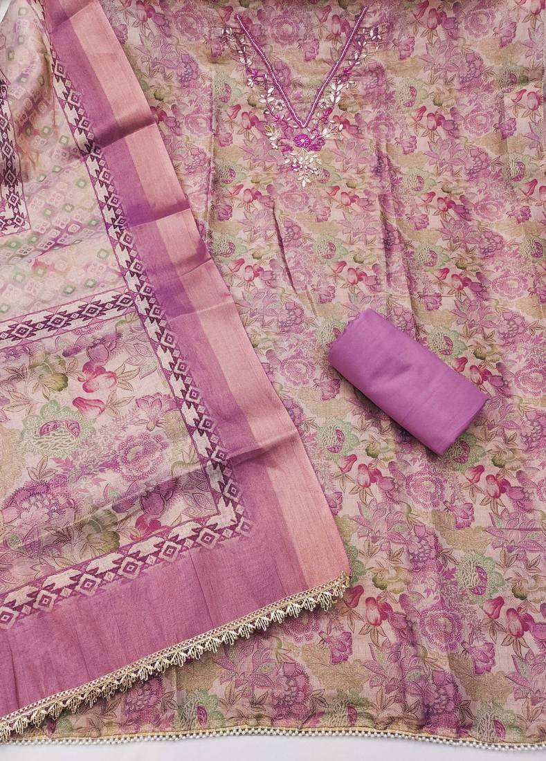 multi unstitched digital print handwork with printed dupatta linen dress material