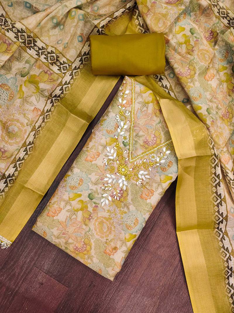 multi unstitched digital print handwork with printed dupatta linen dress material