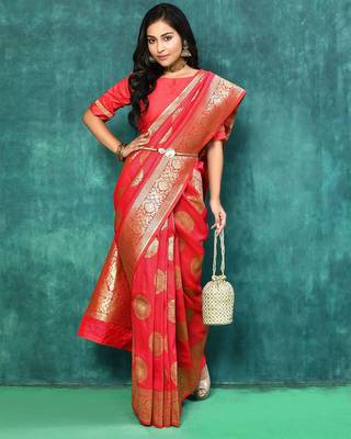 Red Woven Design Zari Banarasi Saree With Unstitched Blous 1