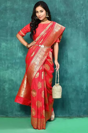 Red Woven Design Zari Banarasi Saree With Unstitched Blous