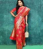Red Woven Design Zari Banarasi Saree With Unstitched Blous