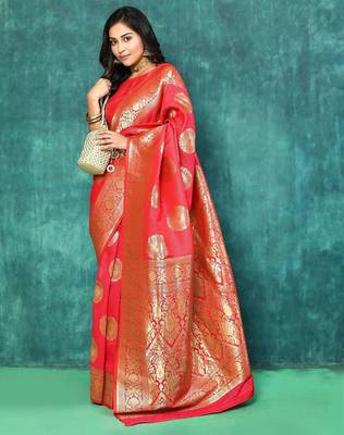 Red Woven Design Zari Banarasi Saree With Unstitched Blous 2