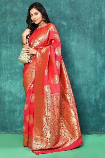 Red Woven Design Zari Banarasi Saree With Unstitched Blous