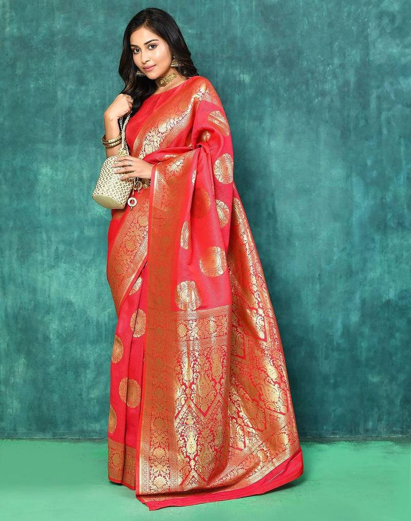 Red Woven Design Zari Banarasi Saree With Unstitched Blous