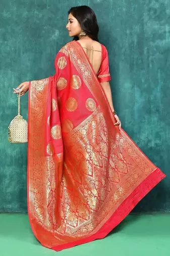 Red Woven Design Zari Banarasi Saree With Unstitched Blous