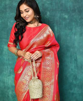 Red Woven Design Zari Banarasi Saree With Unstitched Blous 4