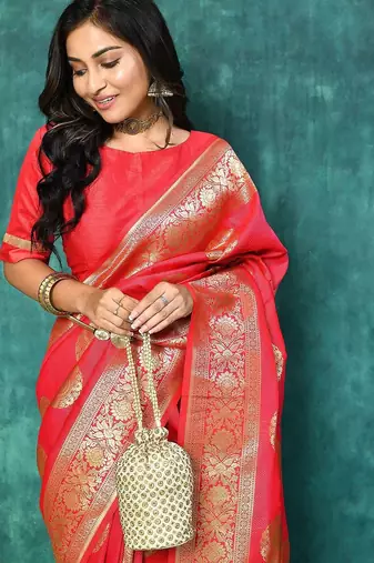 Red Woven Design Zari Banarasi Saree With Unstitched Blous