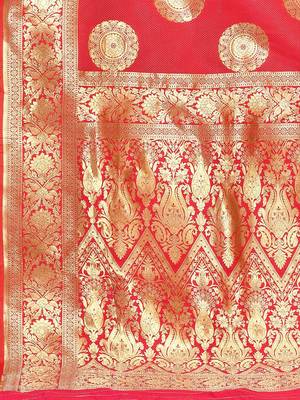 Red Woven Design Zari Banarasi Saree With Unstitched Blous 5
