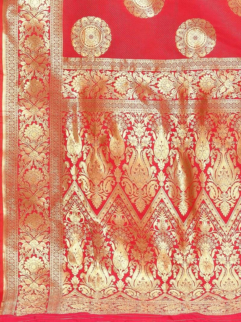 Red Woven Design Zari Banarasi Saree With Unstitched Blous