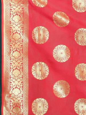 Red Woven Design Zari Banarasi Saree With Unstitched Blous 6