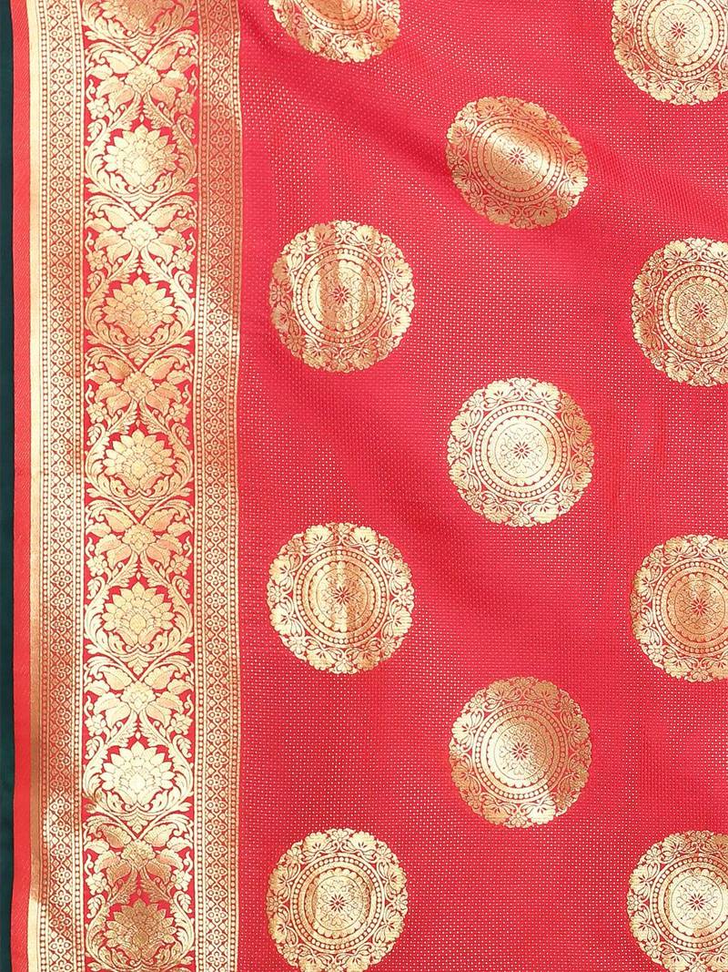 Red Woven Design Zari Banarasi Saree With Unstitched Blous