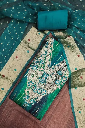 multi unstitched print handwork with woven embellished dupatta modal dress material