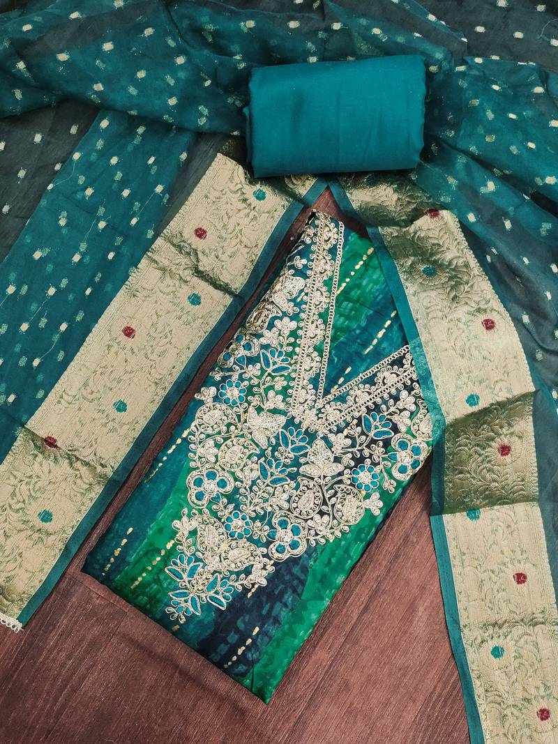 multi unstitched print handwork with woven embellished dupatta modal dress material