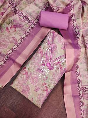 multi unstitched digital print handwork with printed dupatta linen dress material 4