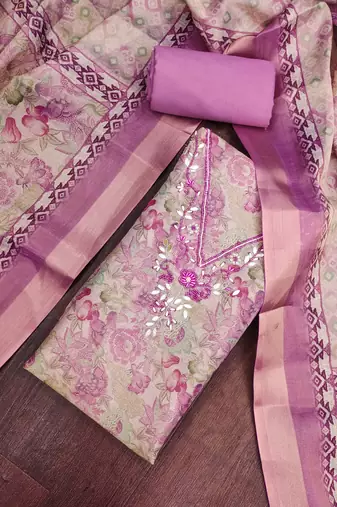 multi unstitched digital print handwork with printed dupatta linen dress material