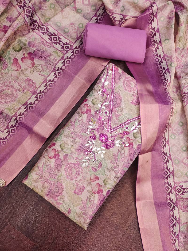 multi unstitched digital print handwork with printed dupatta linen dress material