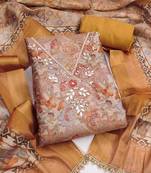 multi unstitched digital print handwork with printed dupatta linen dress material