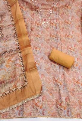 multi unstitched digital print handwork with printed dupatta linen dress material 2