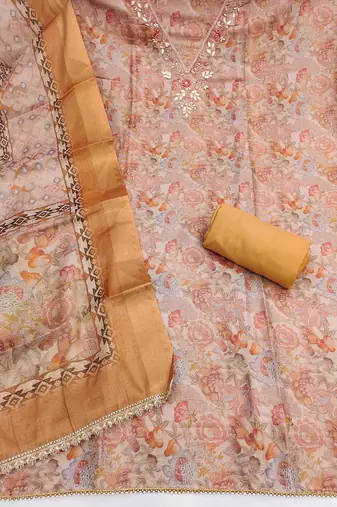 multi unstitched digital print handwork with printed dupatta linen dress material