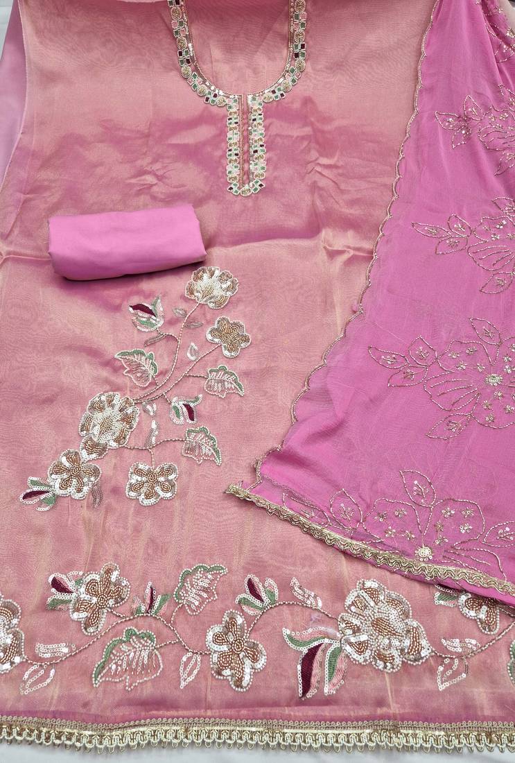 baby pink unstitched handwork with embroidered dupatta salsa dress material