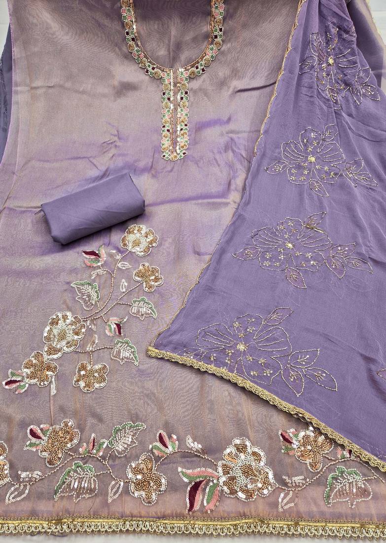 lavender unstitched handwork with embroidered dupatta salsa dress material