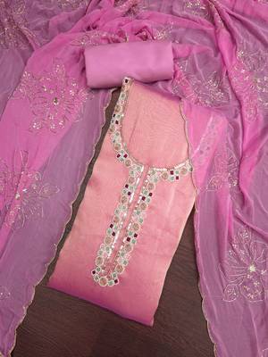 baby pink unstitched handwork with embroidered dupatta salsa dress material 4