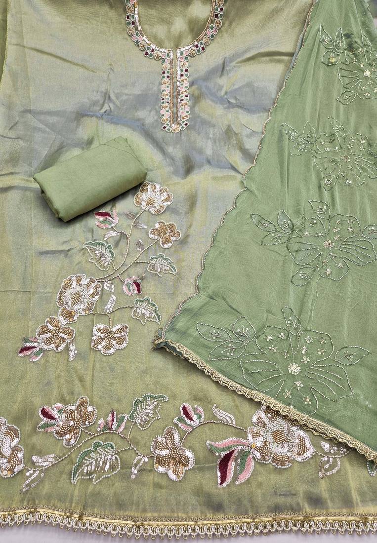 light green unstitched handwork with embroidered dupatta salsa dress material