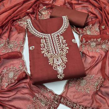rust unstitched thread embroidery handwork with embroidered dupatta silk blend dress material 1