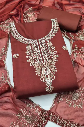 rust unstitched thread embroidery handwork with embroidered dupatta silk blend dress material