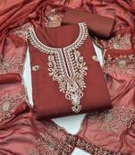 rust unstitched thread embroidery handwork with embroidered dupatta silk blend dress material
