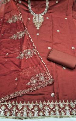 rust unstitched thread embroidery handwork with embroidered dupatta silk blend dress material 2