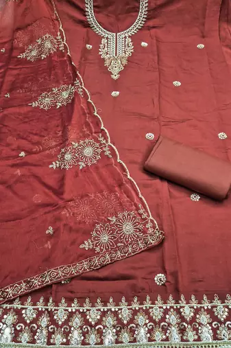 rust unstitched thread embroidery handwork with embroidered dupatta silk blend dress material