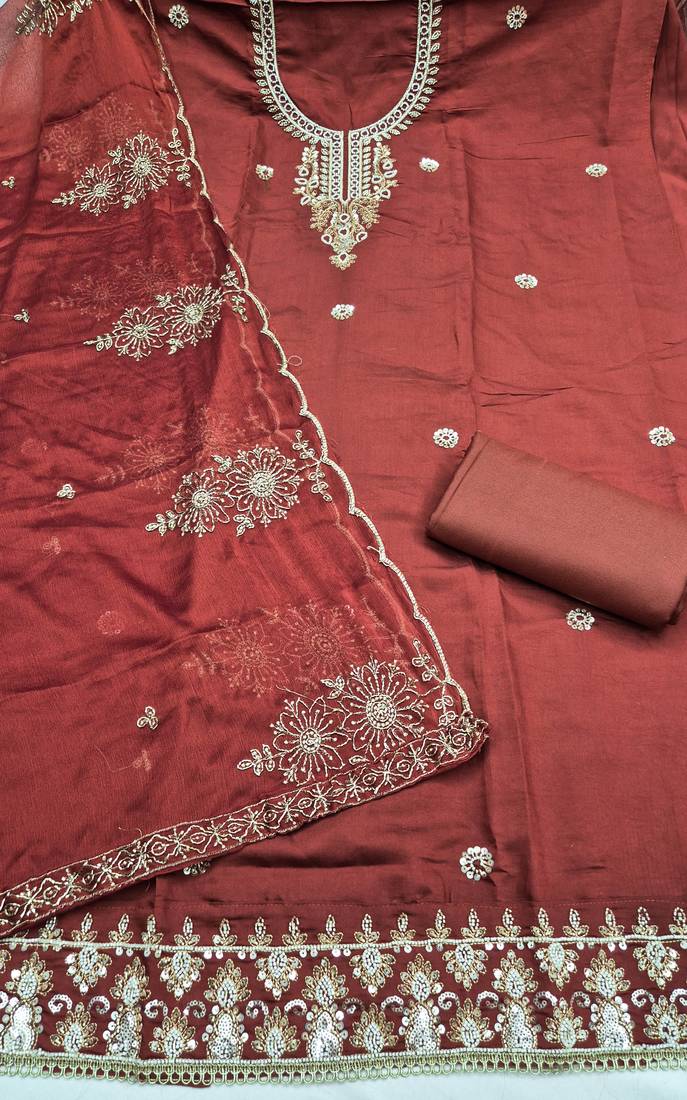 rust unstitched thread embroidery handwork with embroidered dupatta silk blend dress material