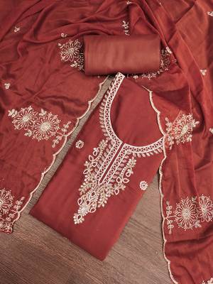 rust unstitched thread embroidery handwork with embroidered dupatta silk blend dress material 4