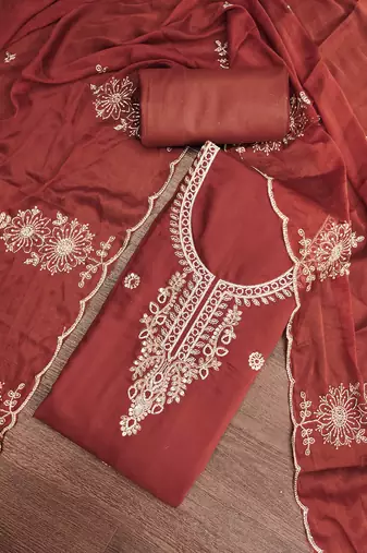 rust unstitched thread embroidery handwork with embroidered dupatta silk blend dress material