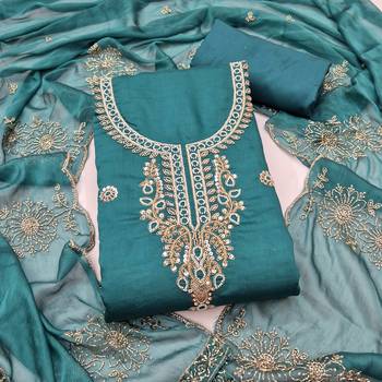 sea green unstitched thread embroidery handwork with embroidered dupatta silk blend dress material 1