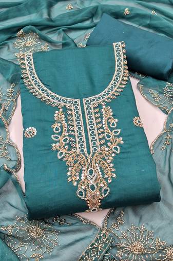 sea green unstitched thread embroidery handwork with embroidered dupatta silk blend dress material