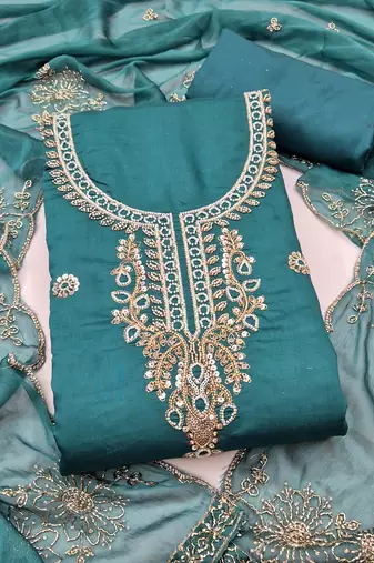 sea green unstitched thread embroidery handwork with embroidered dupatta silk blend dress material